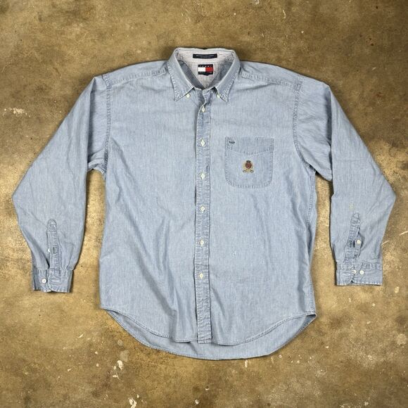 Vintage Tommy Hilfiger Shirt Mens L Blue Chambray Denim Button Up Crest 90s VTG - Picture 1 of 9
